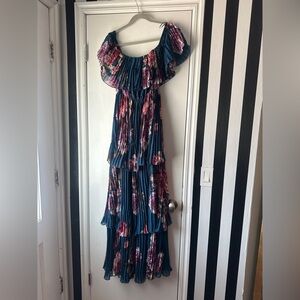 Teal Floral Off-Shoulder Pleated Maxi Dress | Tiered | Size S